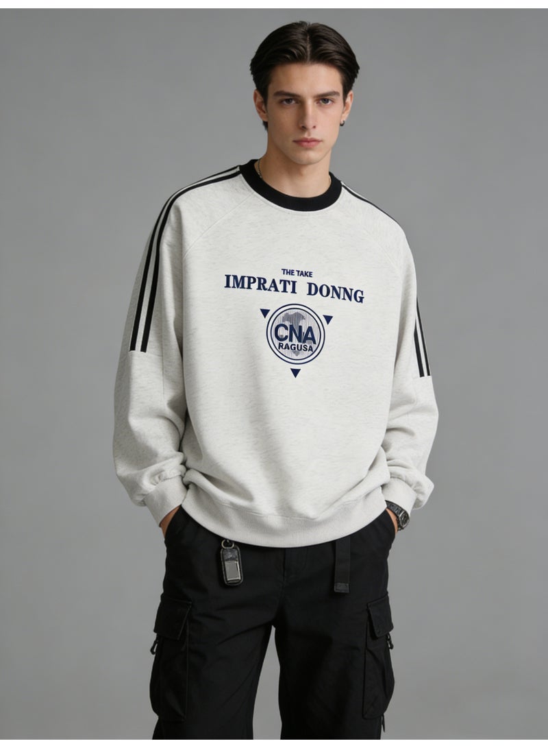 Heather White "IMPRATI DONNG" Vintage Logo Oversized Crew Neck Sweatshirt | Striped Sleeve Pullover With "CNA RAGUSA" Print - Image 3